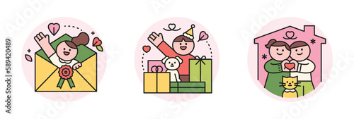 family month. People who appreciate their parents and love their children. The girl in the envelope. Gift box and happy boy and dog. Happy couple and cat.