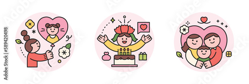 family month. People who appreciate their parents and love their children. Heart balloons, event cakes and flowers, a family of three, mother, father and baby.