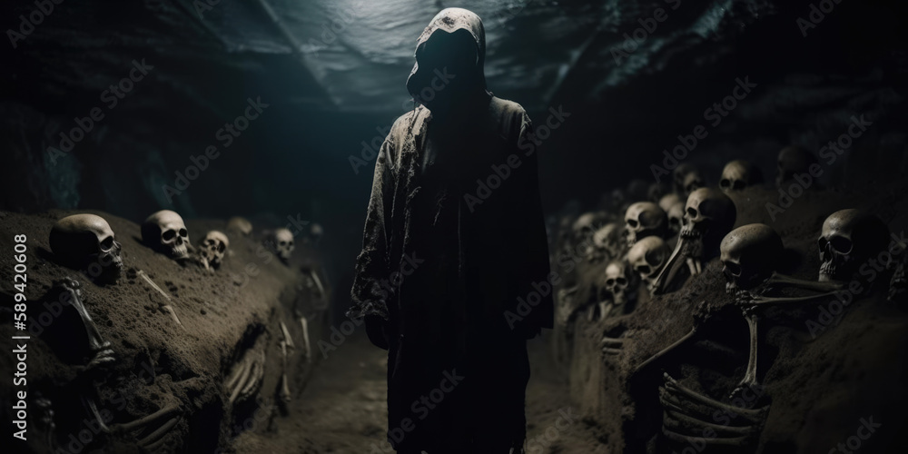 Death cult member wearing a horrific skull mask defiling the dead, rotting skeleton corpses deep underground in wet and muddy dark catacomb tomb corridors, dimly candle lit and scary - generative AI