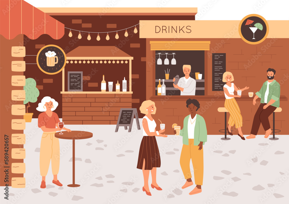People in street bar in cozy yard. Male and female communicate, drinking cocktails, have fun. Small summer pub, cafe with beer, wine. Vector illustration with cityscape. Happy characters, urban scene. People in street bar in cozy yard. Male and female communicate, drinking cocktails, have fun. Small summer pub, cafe with beer, wine. Vector illustration with cityscape. Happy characters, urban scene.