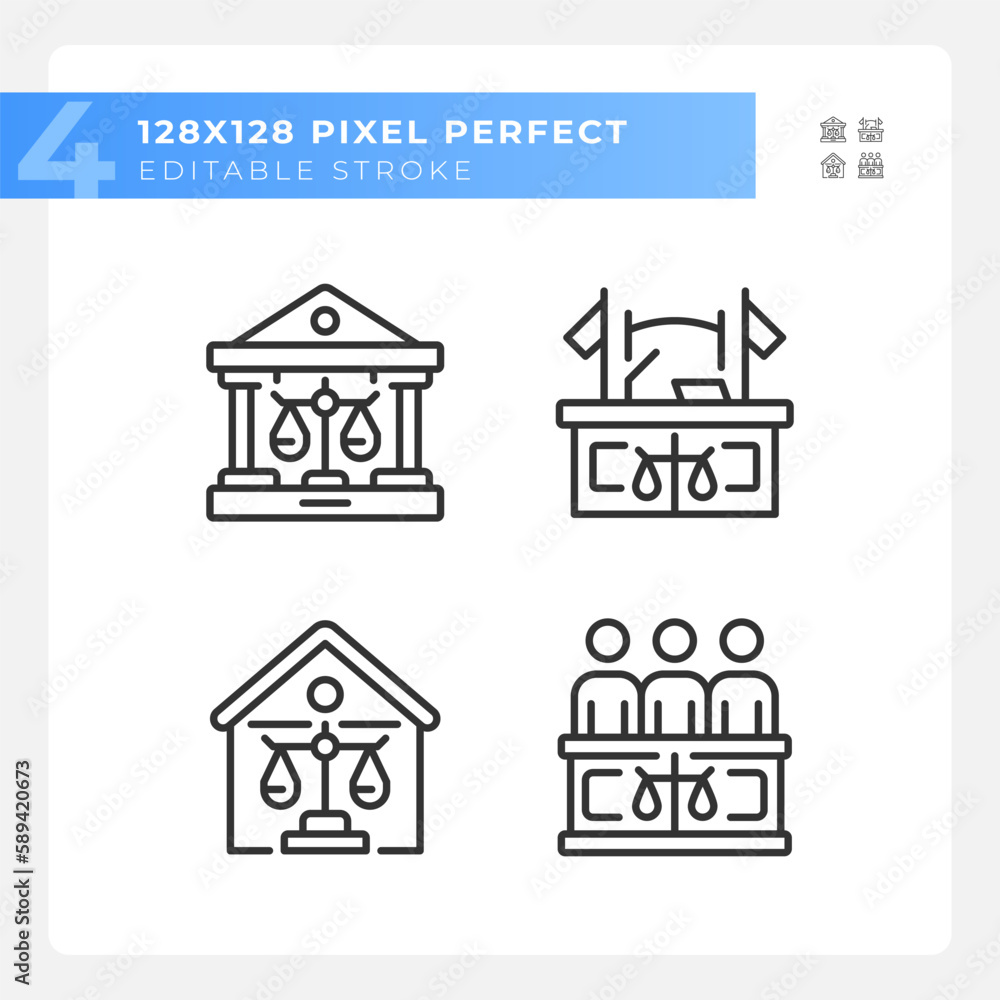 State institutions of law pixel perfect linear icons set. Government court institution. Legal protection. Customizable thin line symbols. Isolated vector outline illustrations. Editable stroke