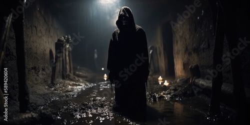 Death cult member wearing a horrific skull mask defiling the dead  rotting skeleton corpses deep underground in wet and muddy dark catacomb tomb corridors  dimly candle lit and scary - generative AI