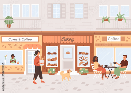 Street with bakery, pastries in window, girl walking with bread shopping and with dog in city. Couple sitting at outdoor cafe and drinking coffee. Female eating cake. Vector cozy urban illustration.