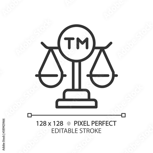 Intellectual property law pixel perfect linear icon. Protect author rights. Trade mark legal registration. Thin line illustration. Contour symbol. Vector outline drawing. Editable stroke