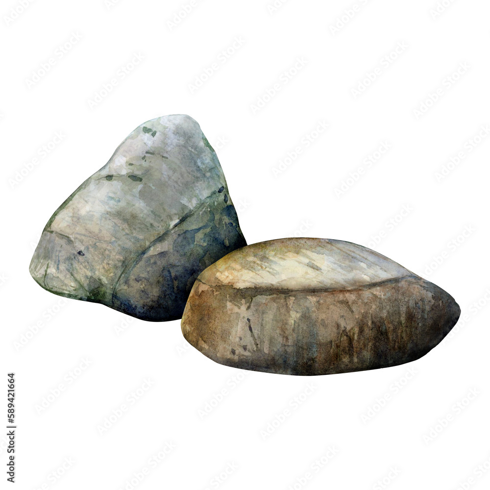 Watercolor drawn set of bottom stones on white background. Underwater picture for illustration, stickers, logo, background Watercolor drawn set of bottom stones on white background. Underwater picture for illustration, stickers, logo, background