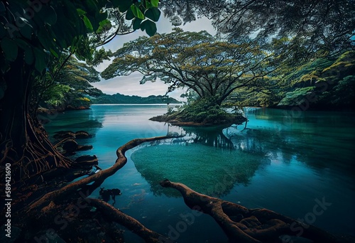 Fotografia Paisagem de uma baía na floresta de uma ilha, com árvores e água azul, em Príncipe, São Tomé e Principe