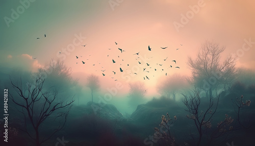 Magic landscape of the silhouettes of wild birds on a colorful background