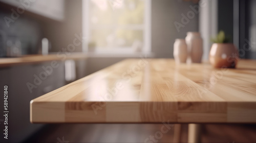 Empty wooden table on kitchen background. Illustration AI Generative