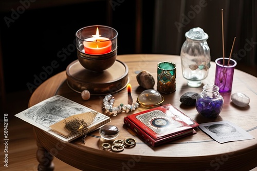 Magic attributes for divination and occultism on the table. Generative AI