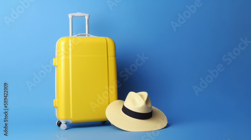 Travel background with suitcase. Illustration AI Generative.