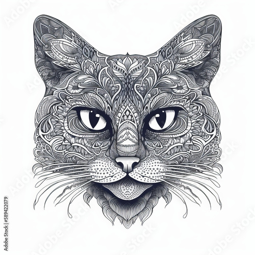 Cat head in mandala style. Illustration AI Generative.