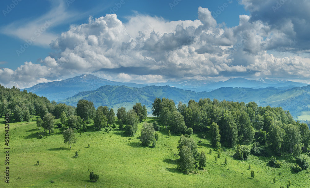 Naklejka premium View of a summer day in the mountains, green meadows, mountain slopes and hills, countryside