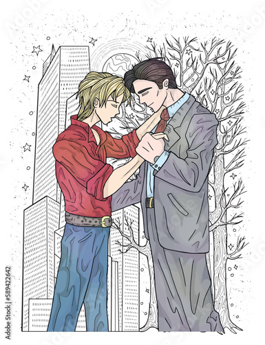 Hand drawn vector illustration with colorful romantic young gay couple against black and white urban background
