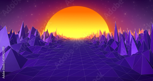 Abstract purple blue retro landscape in old 80s  90s style with road rocks mountains and sun  abstract background