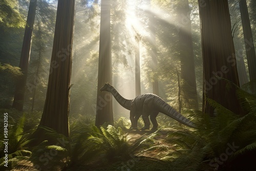 Diplodocus walking through a redwood forest with rays of sunlight streaming through the trees. Generative AI