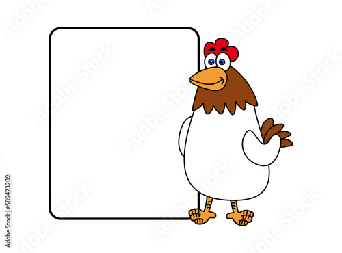 Illustration of a white farm hen with an advertisement on a white background
