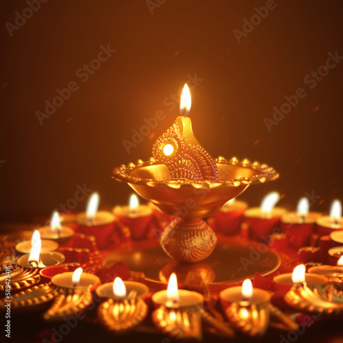 Diwali Indian Deepavali Hindu festival of lights holiday greeting card template. Generative AI . © samunella