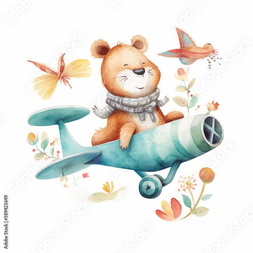 Cute watercolor animal in airplane. Illustration AI Generative