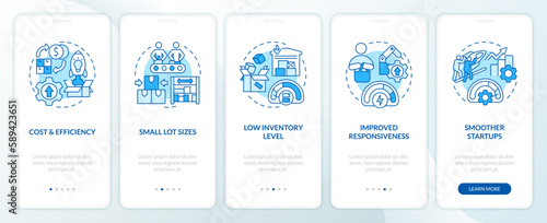 SMED benefits blue onboarding mobile app screen. Rapid changeover walkthrough 5 steps editable graphic instructions with linear concepts. UI, UX, GUI template. Myriad Pro-Bold, Regular fonts used