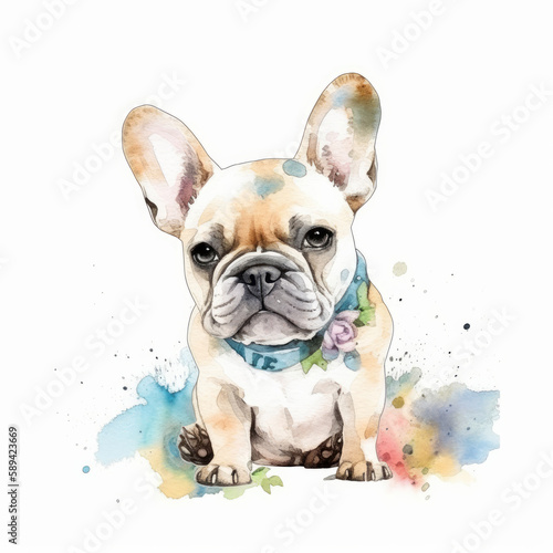 French bulldog watercolor. Illustration AI Generative © olegganko