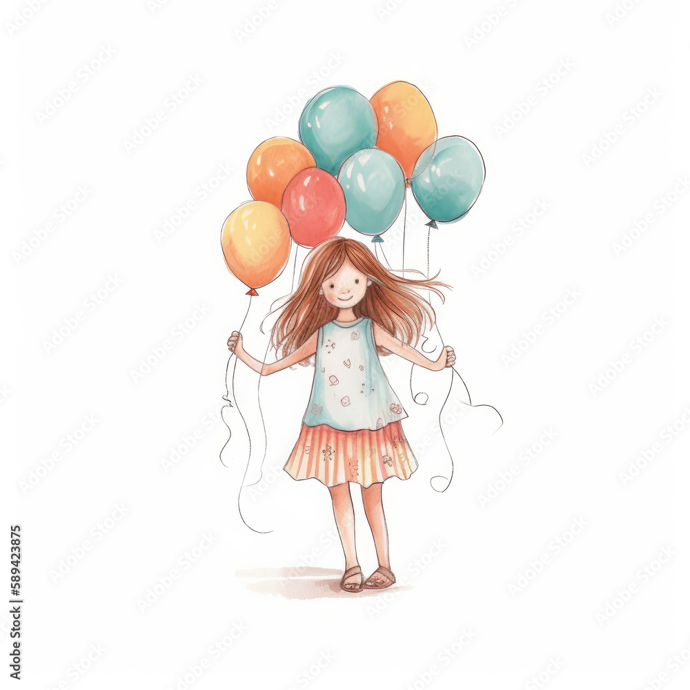 Girl with balloons illustration. Illustration AI Generative Girl with balloons illustration. Illustration AI Generative