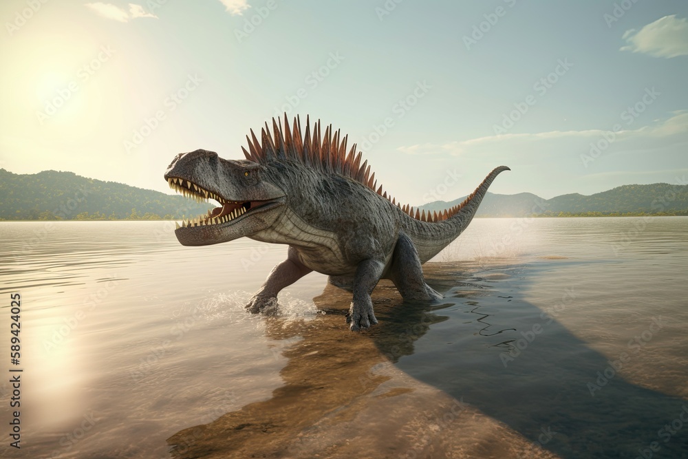 Spinosaurus swimming in a calm lake with a sandy beach. Generative AI