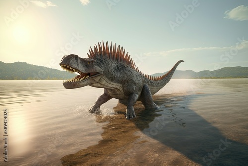 Spinosaurus swimming in a calm lake with a sandy beach. Generative AI