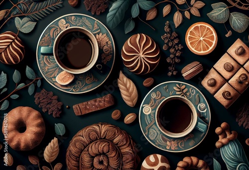 Aesthetic Coffee Break Seamless Pattern, Scandinavian Fika Tea Time, Vintage Illustration. Generative AI