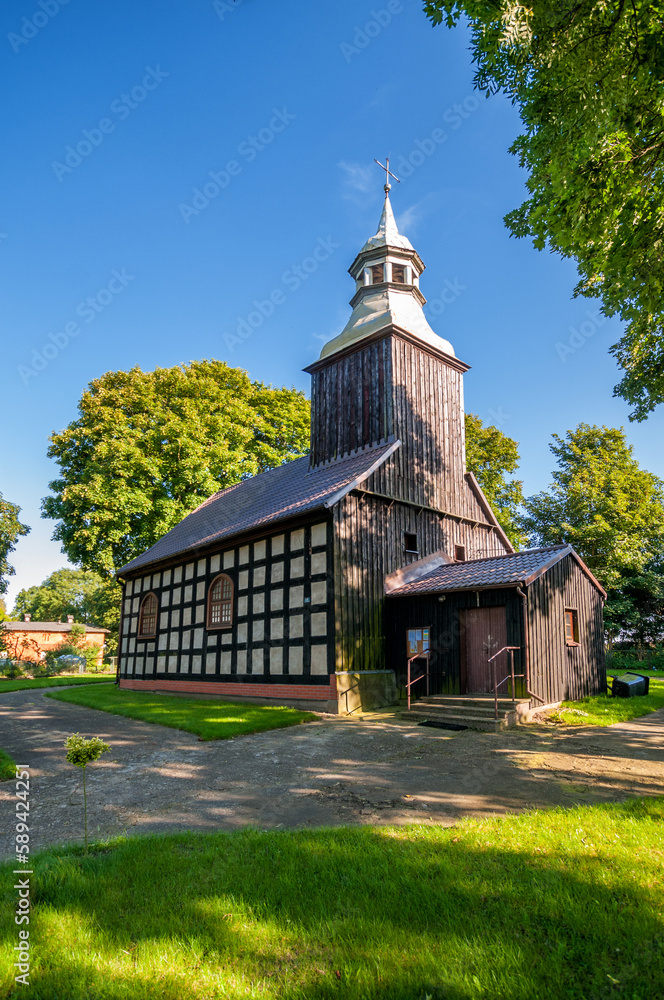 The half-timbered church of Saint Lawrence in Strzeczona, Pomeranian Voivodeship, Poland