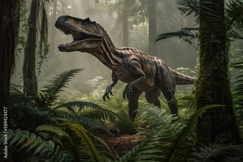 Tyrannosaurus Rex standing in a lush jungle with tall trees and ferns. Generative AI © Kanisorn