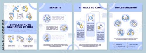 Single minute exchange of dies blue brochure template. Leaflet design with linear icons. Editable 4 vector layouts for presentation, annual reports. Arial-Black, Myriad Pro-Regular fonts used