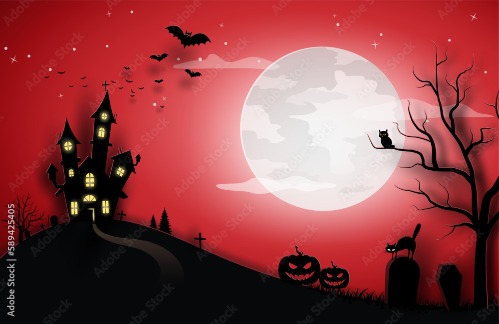Halloween red template in night sky view with tree, tombstone, witch, pumpkin, bats, cat, house, castle, full moon and ghost. vector illustrator design in paper cut concept.