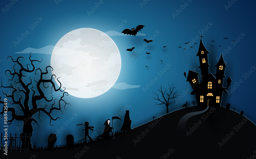 Halloween dark blue template in night sky view with tree, tombstone, witch, pumpkin, bats, house, castle, full moon and ghost. vector illustrator design in paper cut concept.