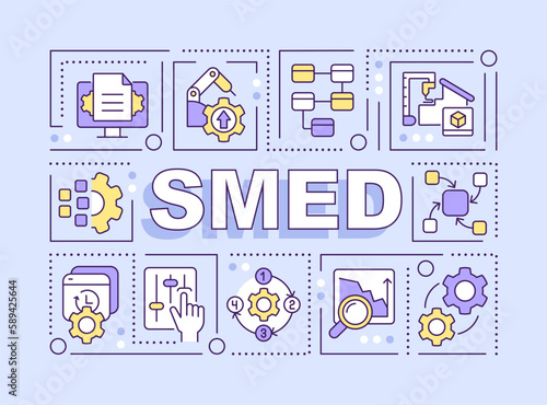 SMED word concepts blue banner. Single minute exchange of dies. Infographics with editable icons on color background. Isolated typography. Vector illustration with text. Arial-Black font used