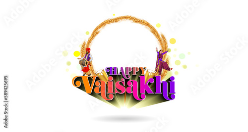 Baisakhi festival or Vaisakhi 3d vector illustration. Happy Vaisakhi text with Indian Punjabi sikh people bhangra dance and wheat background.