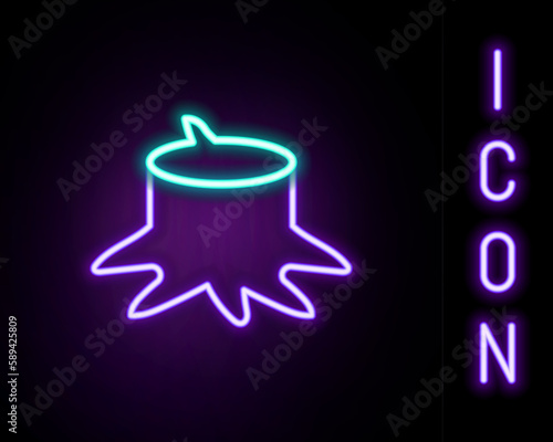 Glowing neon line Tree stump icon isolated on black background. Colorful outline concept. Vector
