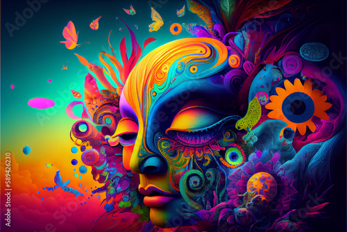 Dreamer, image capturing the free spirit of a person's psychedelic dream. Bold colors and surreal images reflect a boundless vision of the future, unencumbered by limitations or fear. photo