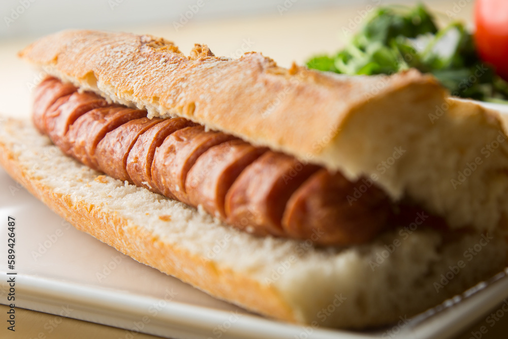 Hot dog Delicious sandwich with pork sausage. Frankfurt style. Hot dog Delicious sandwich with pork sausage. Frankfurt style.