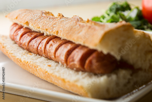 Hot dog Delicious sandwich with pork sausage. Frankfurt style. 