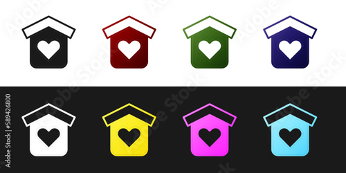 Set Shelter for homeless icon isolated on black and white background. Emergency housing, temporary residence for people, bums and beggars without home. Vector
