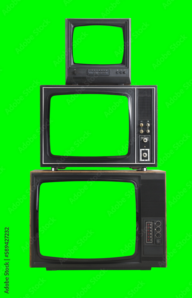 Three vintage televisions with a green screen insulated on a white background.