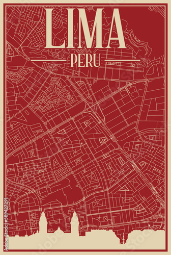 Colorful hand-drawn framed poster of the downtown LIMA, PERU with highlighted vintage city skyline and lettering