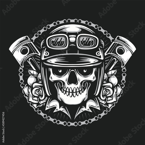 skull biker head logo with roses and piston