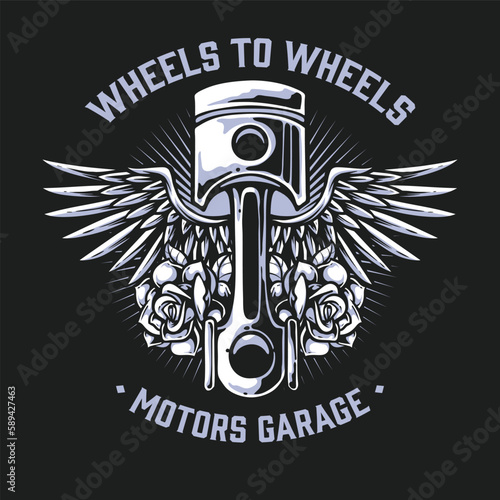 retro motorcycle logo with piston and wings
