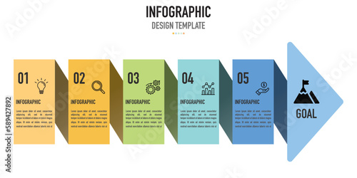 Arrow horizontal infographic template or element as a vector for business slide or presentation, including 5 step, process to goal, on white background, colorful rectangle and icons, modern, minimal
