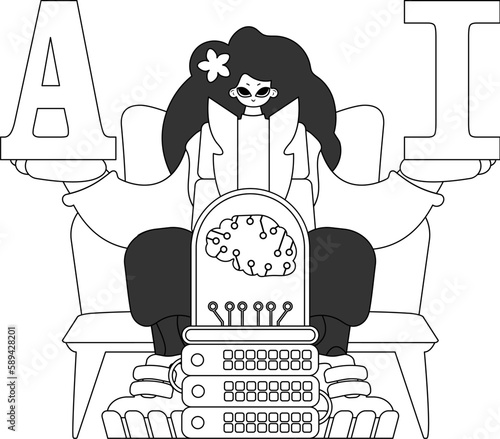 Girl grasps AI letters and ponders AI theme in linear vector design