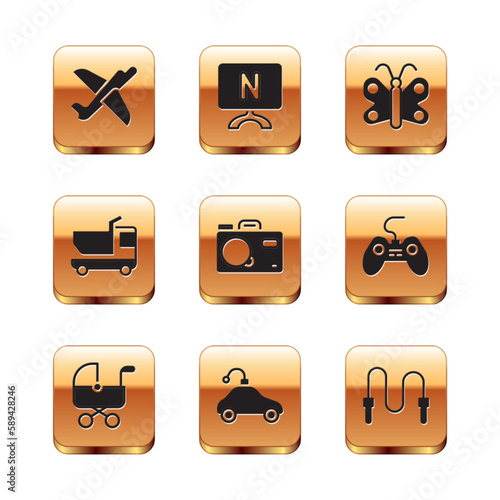 Set Toy plane, Baby stroller, Radio controlled car toy, Photo camera, truck, Butterfly, Jump rope and Smart Tv icon. Vector