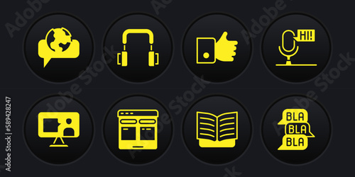 Set Foreign language online study, Microphone voice device, Online translator, Open book, Hand like, Headphones, Speech bubble chat and Learning foreign languages icon. Vector