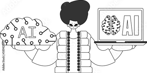 He holds an AI mod in hands, vector in linear form