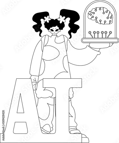 Girl holds AI model, vector drawn look